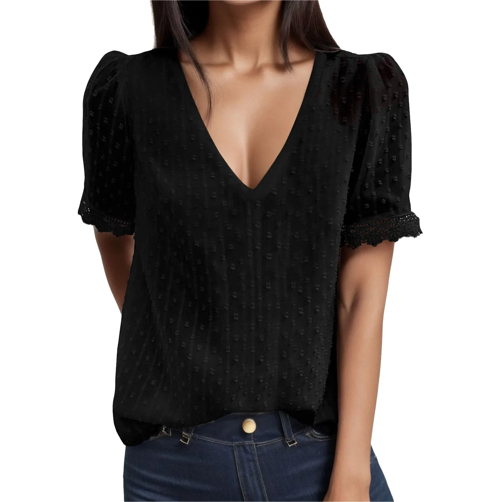 

Women's Lace Shirt V-neck Short Sleeved Simplicity Top Retro Elegant Double Layered Waist Blouses Solid Color Loose Shirts