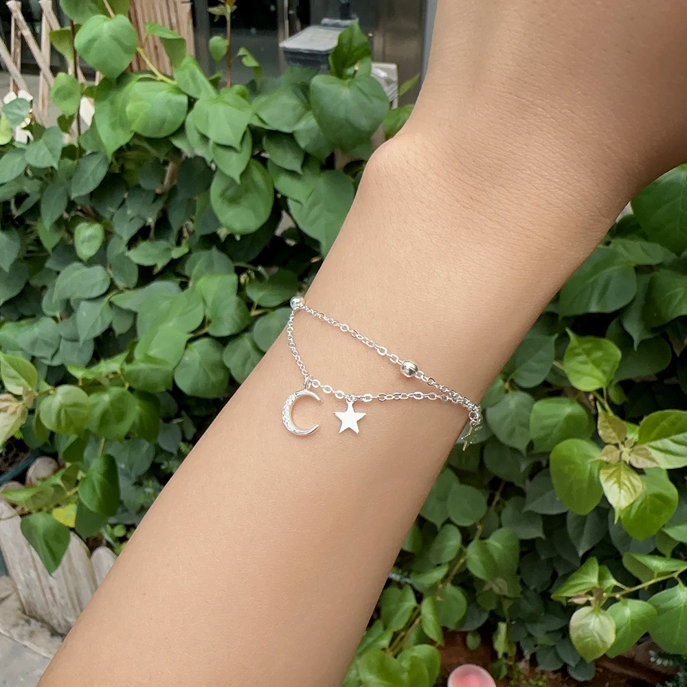 Silver Color Star Moon Charm Brcacelet Party Jewelry for Women Couples Summer New Trendy Creative Holiday Accessories Gifts