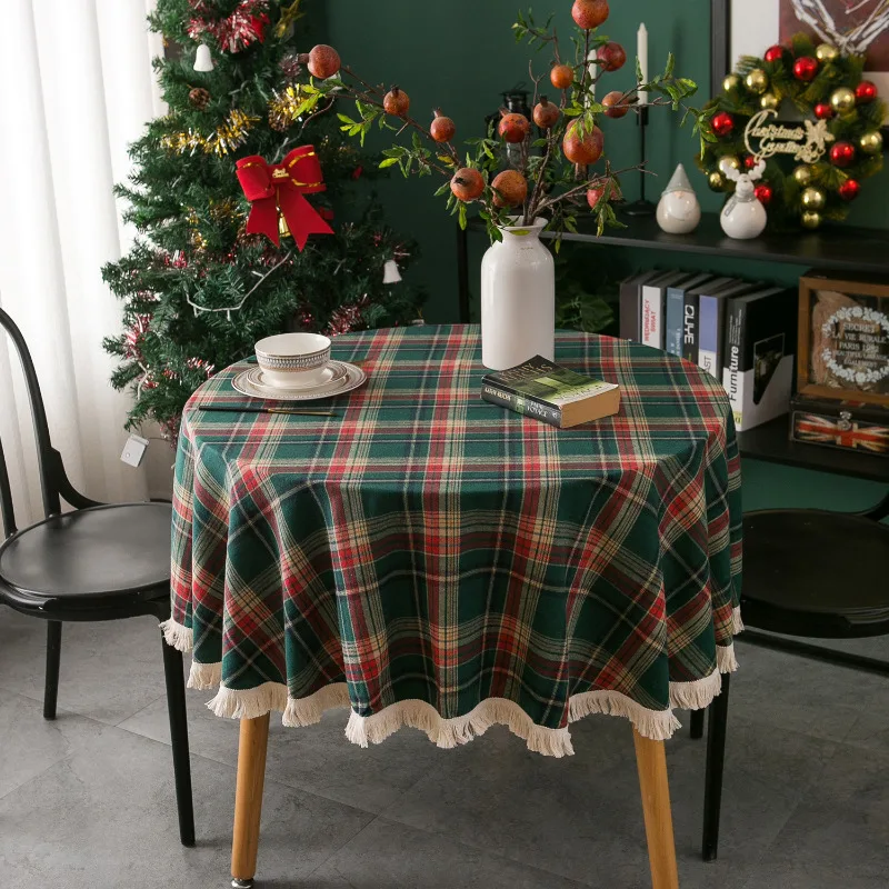 Christmas Coffee Table Cover Plaid Dyed Tassel Linen Cotton Holiday Wedding Round Tablecloth Table Decoration And Accessories