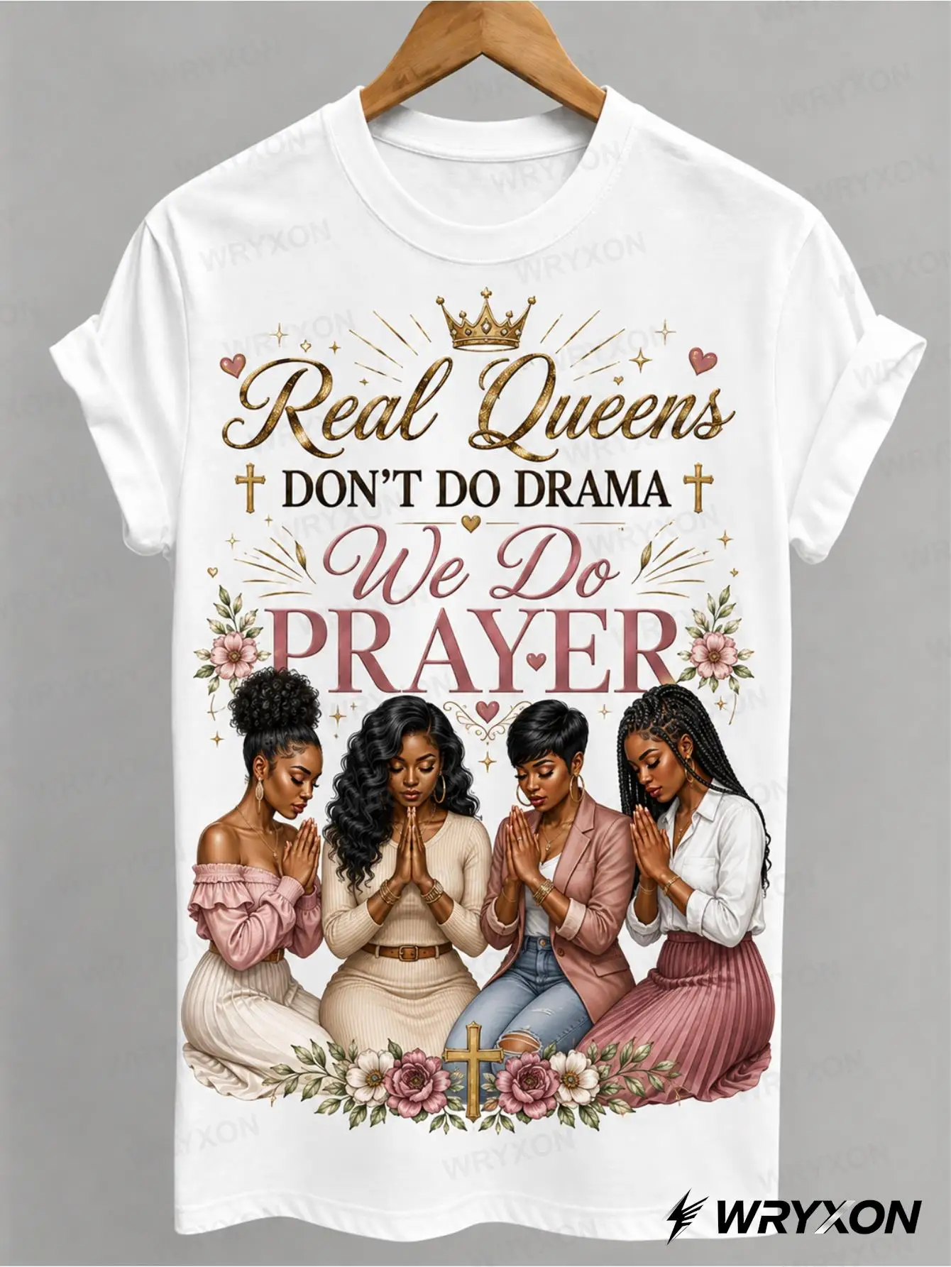 1pc Men's & Women's Real Queens Don't Do Drama We Do Prayer Faith Floral Crown Religious Inspirational Casual Graphic Tee Cheap Shirt 180g 100% Cotton