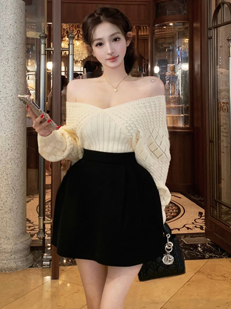 Fashionable Knitted Sweater High Waist Puffy A-Line Skirt Set One Shoulder Neckline Exposing Clavicle Elegant Lady Style