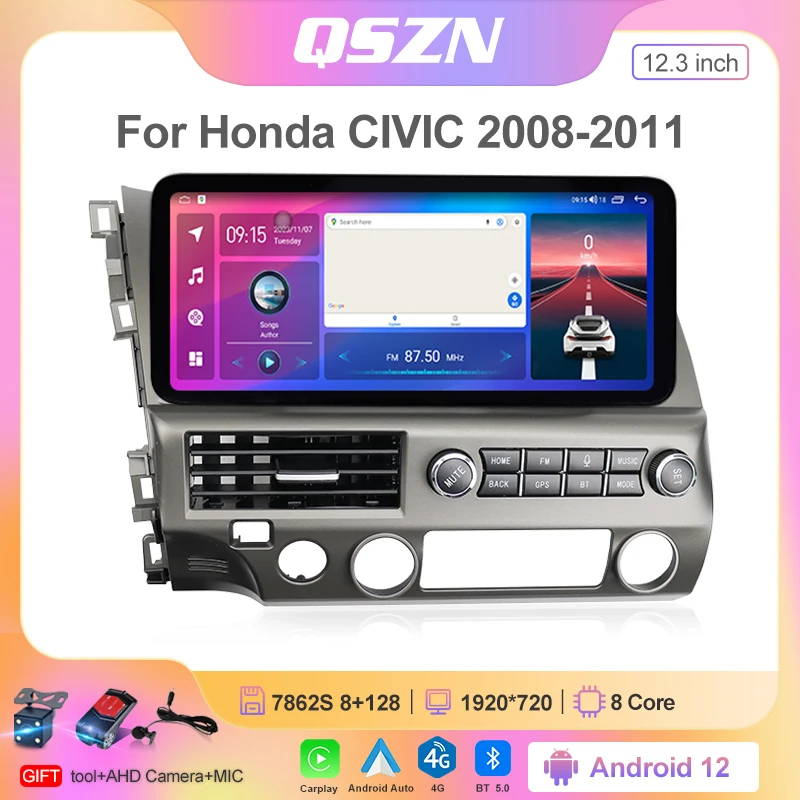 Latest 12.3 Inch Car Radio For Honda CIVIC 2008-2011 Navigation WiFi/4G GPS Android 12 Carplay With Harness Kit Auto Multimedia