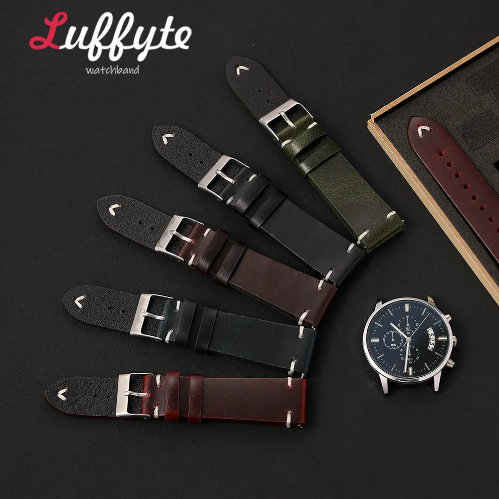 Men Oil Waxed Leather Watch Strap 18 20 22mm with Quick Release Spring Bar Gift Packing Box Retro Durable Replacement Wristband