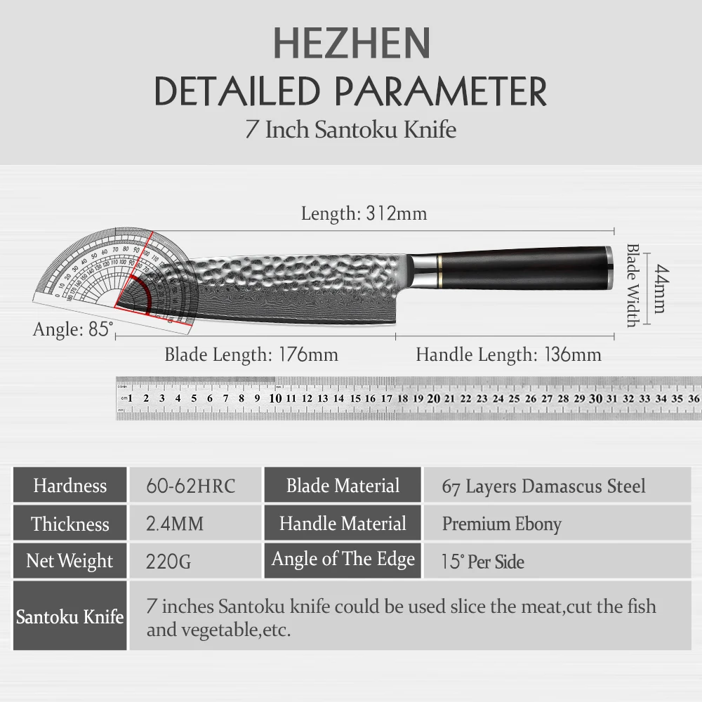 HEZHEN 7 inch Santoku Knife Professional Japanese Damascus Chef Knives Meat Cleaver High Carbon Stainless Steel Kitchen Knife