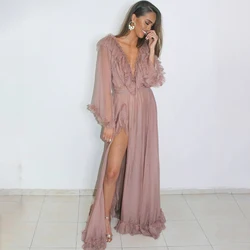 Evening Dresses 2023 Deep V Neck Ruffle Long Sleeves Sexy Prom Dress for Women Dusty Pink 30D Chiffon Thigh-High Slit Party Gown