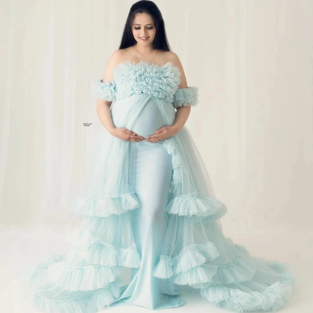 

Graceful Sky Blue Pregnant Prom Dresses Off the Shoulder Evening Dress Custom Made Ruffles Photoshoot Party Gown