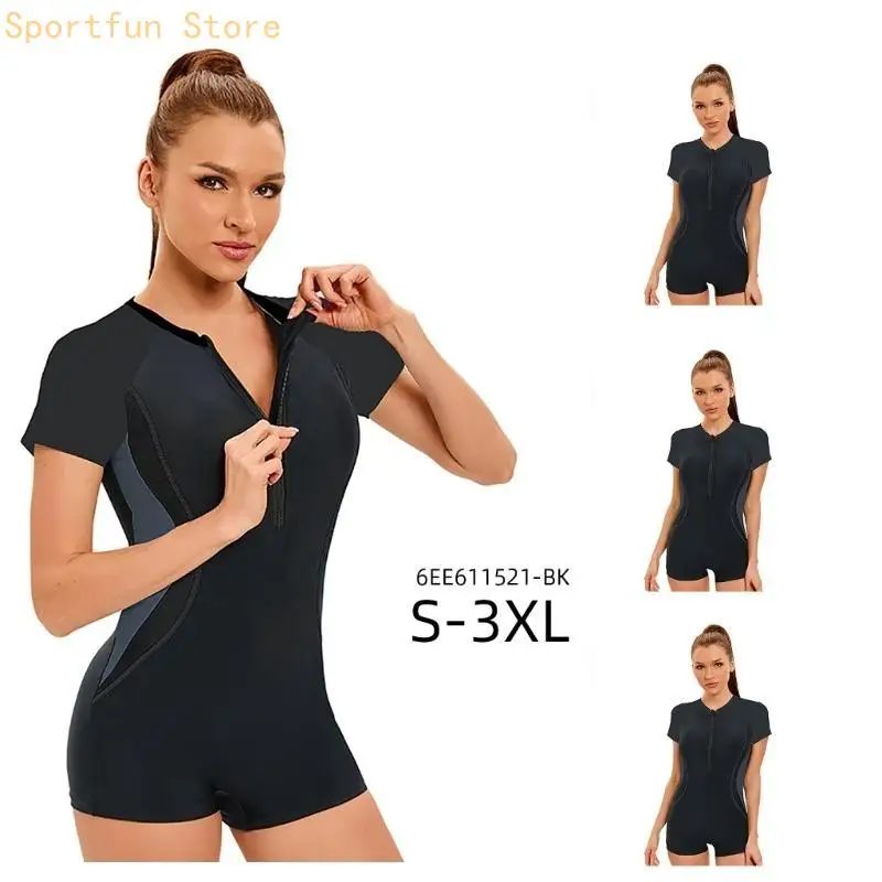 Women Short Sleeve Rasghuard Front Zippered Rashguard Swimwears Bathing Suit X7JD