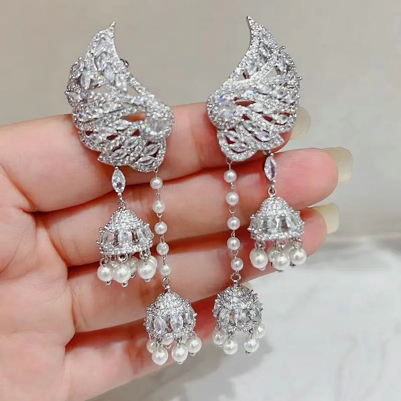 Bilincolor Cubic Zirconia Long Wing Tassel Earring for Women