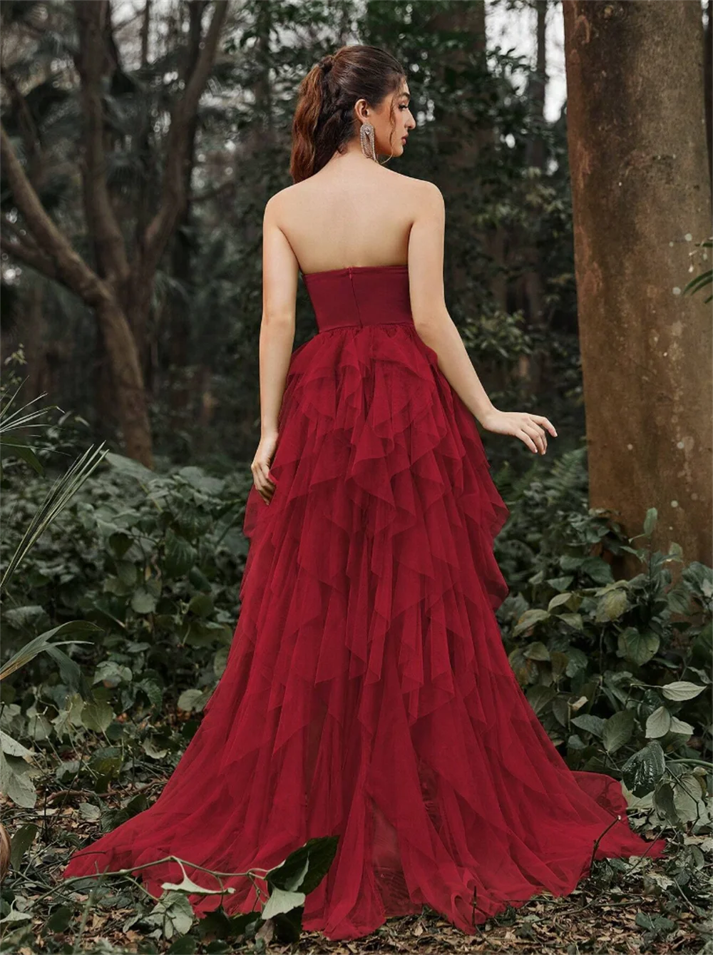 Annie Lace Tulle Prom Dresses Sexy Strapless Red Bride Evening Dresses A-Shape Elegant Lady Wedding Party Dress فساتين سهرة