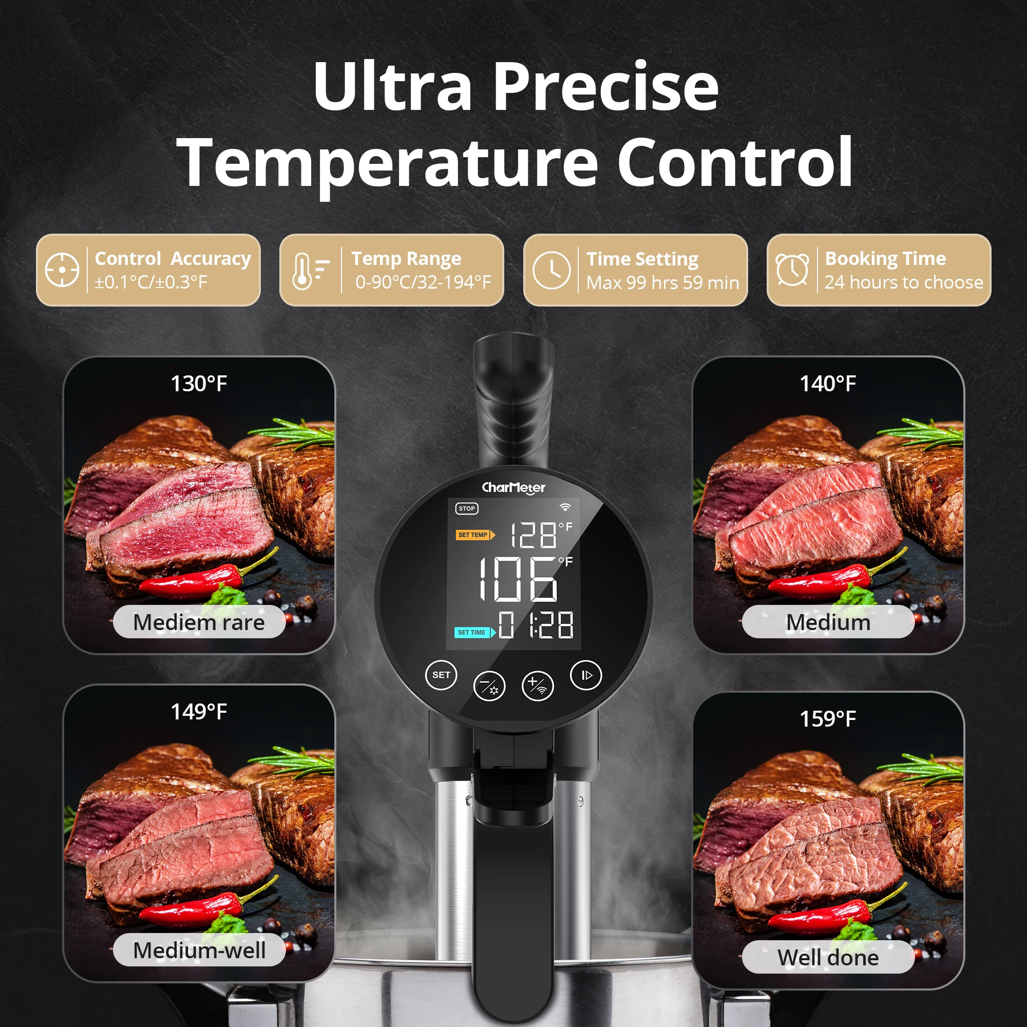CharMeter WiFi Sous Vide Cooker 1000W Sous Vide Machine with Immersion Circulator Timer and Booking Function US Plug