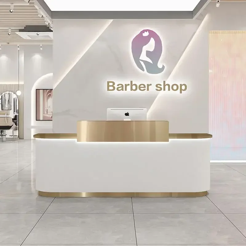 

Stainless Steel Gold Plated Reception Desk Beauty Salon White Gold Front Counter Reception Desk For Sale