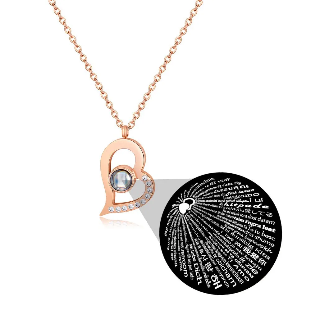 100 Languages I Love You Heart Projection Necklace, Rose Gold Zircon Heart Pendant Clavicle Chain for Women, NO BOX