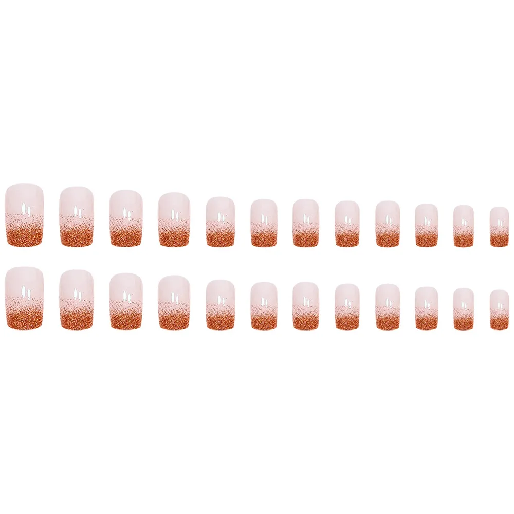 24pcs Nude Pink & Caramel French Press-On Nails with Fine Glitter, Long Coffin Shape, Assorted Sizes