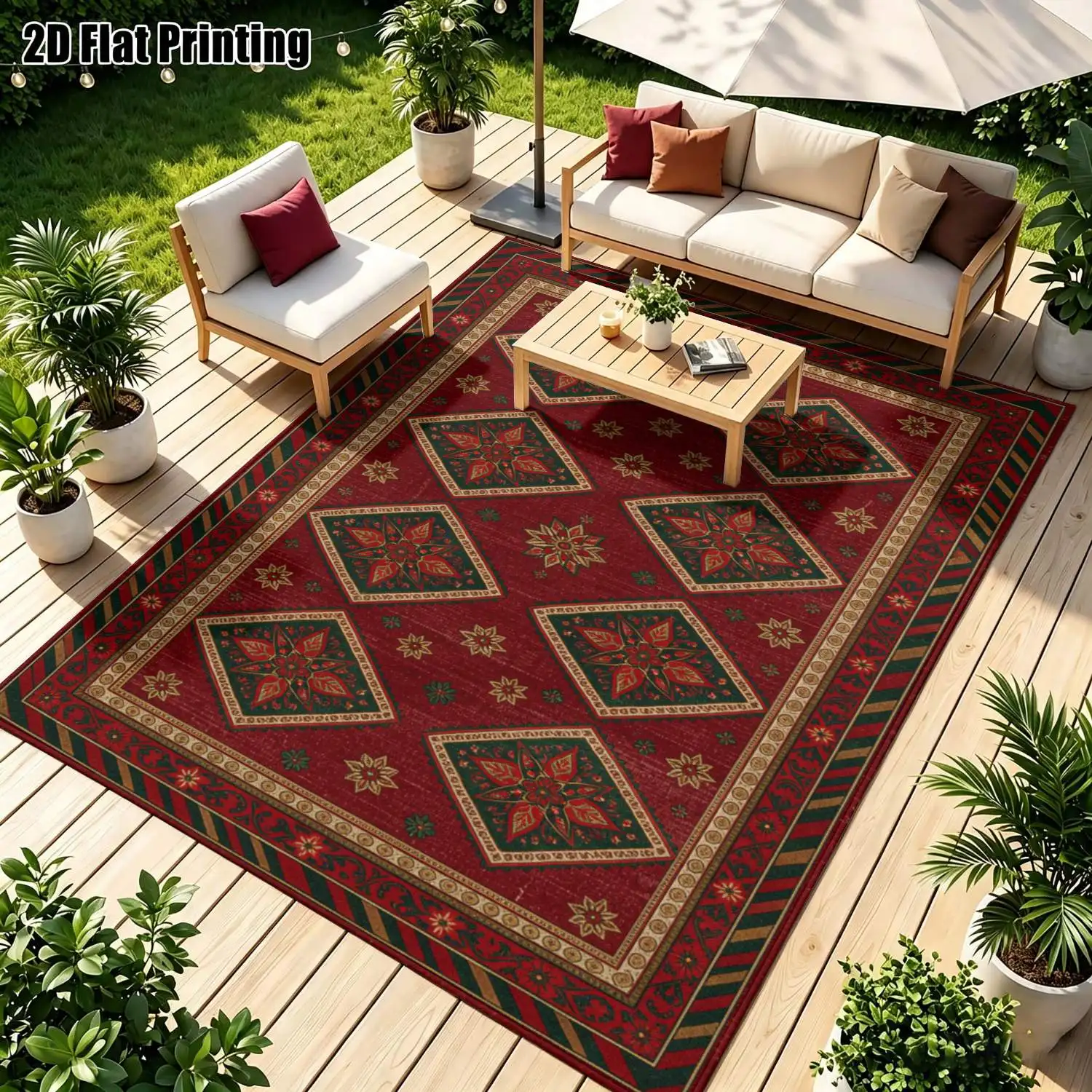 1Pc 2D Printed Burgundy Retro Geometric Diamond Pattern Carpet: European-Style, Bohemian, Machine Washable, Multi-Size, Ideal for Home Decor as a Door/Dining/Foyer/Study/Living/Bedroom Mat