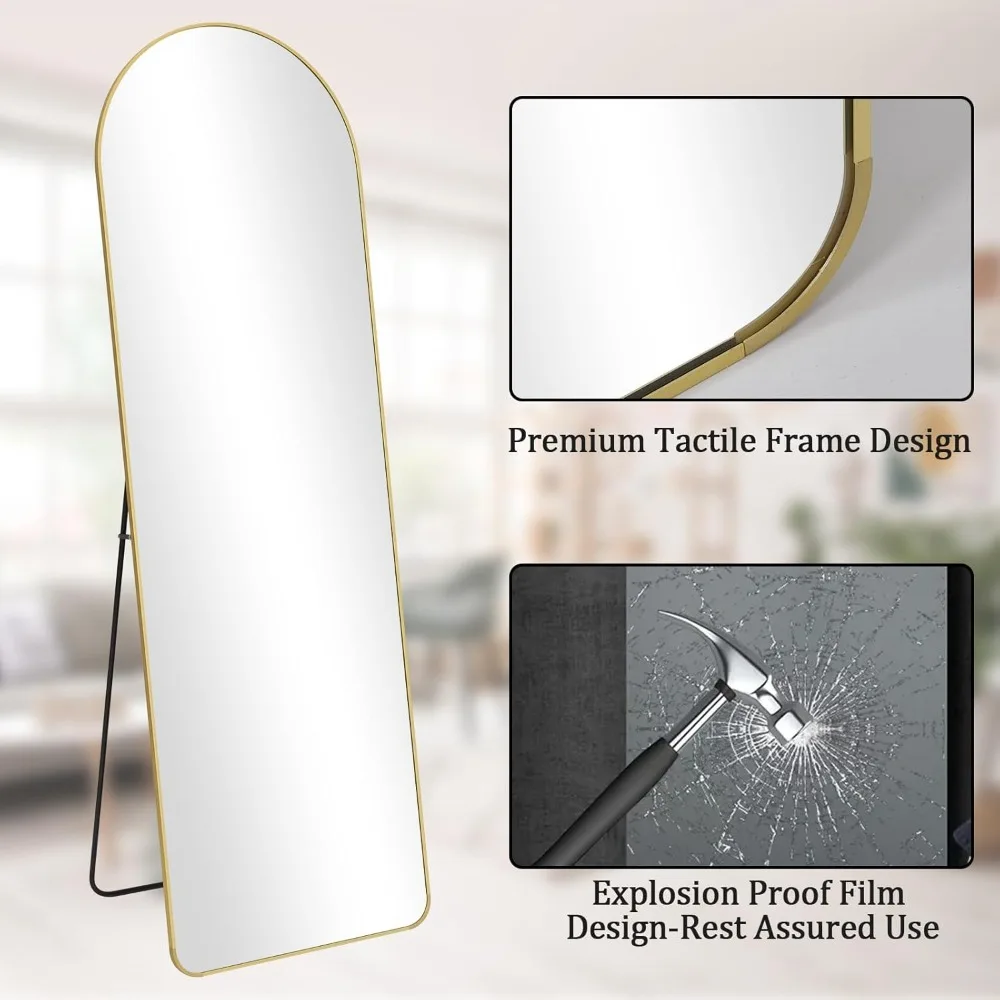 Gewölbter Bodenspiegel in voller Länge, 65 x 24 Zoll, Aluminiumrahmen, Wand- oder Bodenmontage, großer Körperspiegel