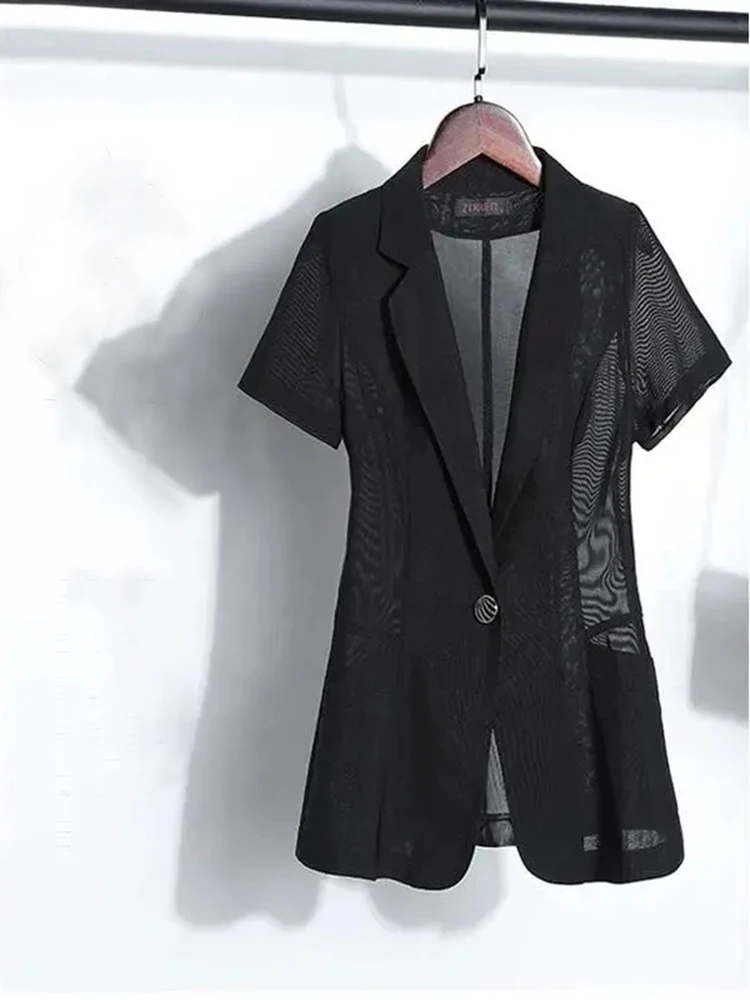 

Women Blazer Black White 2022 Summer New Korean Short Sleeve Shawl Thin Slim Small Suit Coat Casual Office Lady Blazers