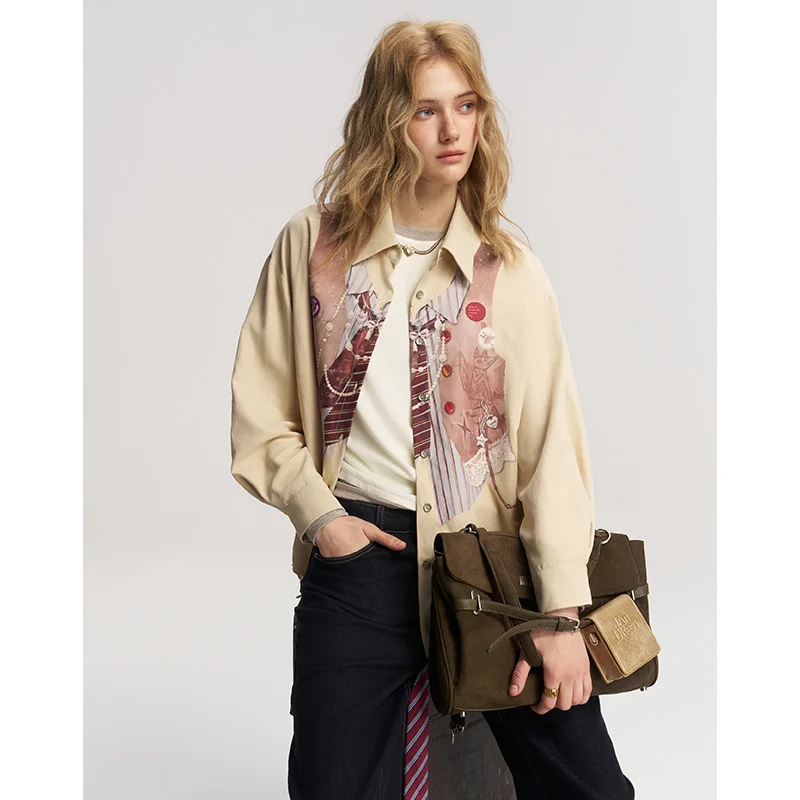 ELFSACK Women's Loose Striped Blouse with Faux Vest Tie & Necklace Print, Casual Top for Everyday Work