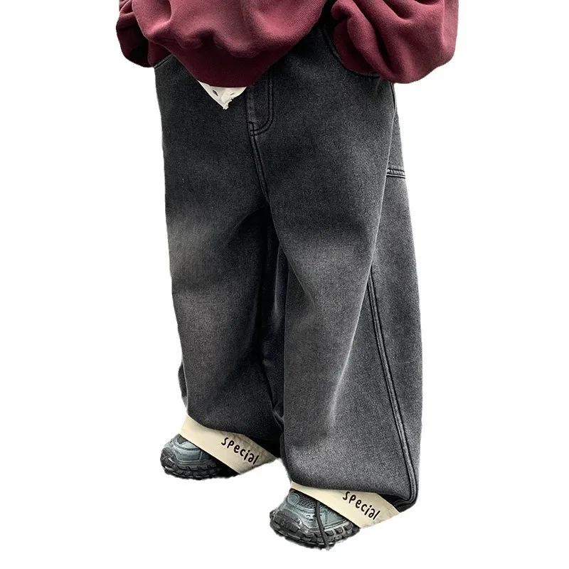 

Boys Fashion Pants 2026 Winter New Children's Korean Edition Foot Embroidered Pants Medium Children's Fleece Wide Leg Pants