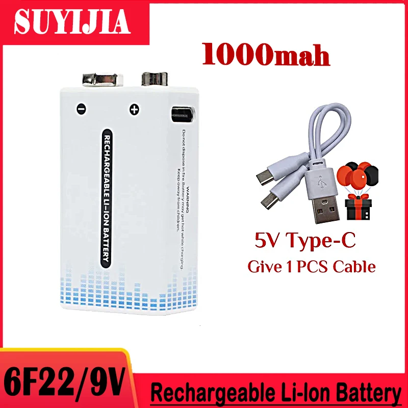 

SUYIJIA NEW 1000mAh 9 Volt li-ion Rechargeable Battery Type-C USB 6F22 9V Lithium Battery for RC Helicopter Model Microphone Toy