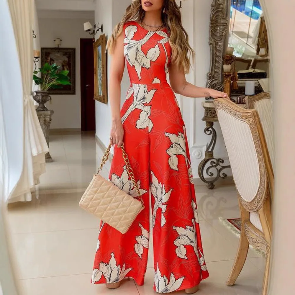 

2025 New Style Sleeveless Elegant Commute Red Lazy-Style Printed Passionate Red Jumpsuit