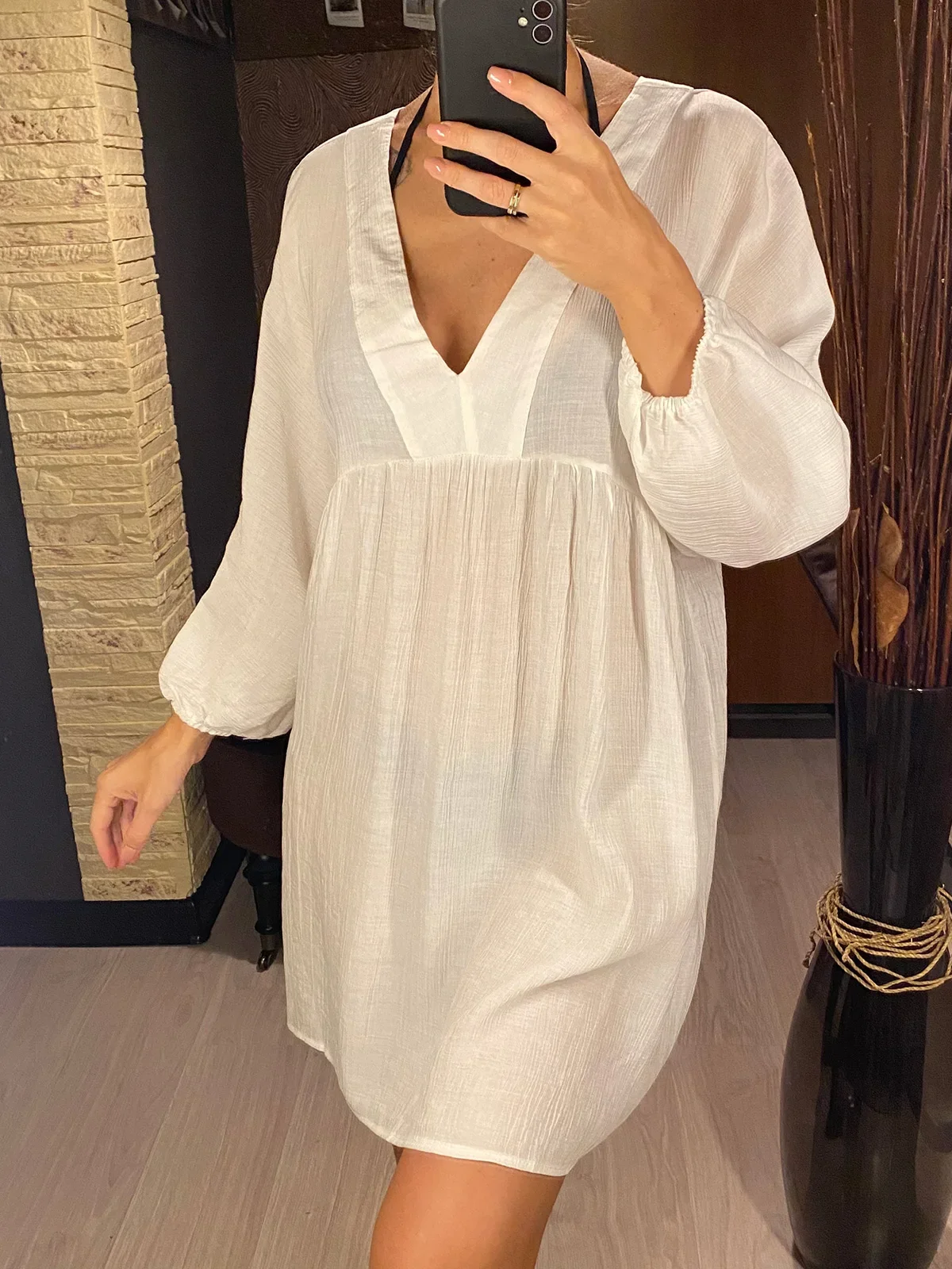 ใหม่เซ็กซี่แขนยาว V คอผ้าฝ้าย Tunic Beach COVER UP COVER-UPS ชุดชายหาดชายหาด Beachwear หญิงผู้หญิง v5032