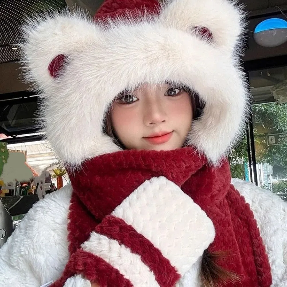 

Высококачественная шапка для защиты от холода с интегрированными перчатками и шарфом, утепленная, ветрозащитная, с защитой ушей, в милом дизайне