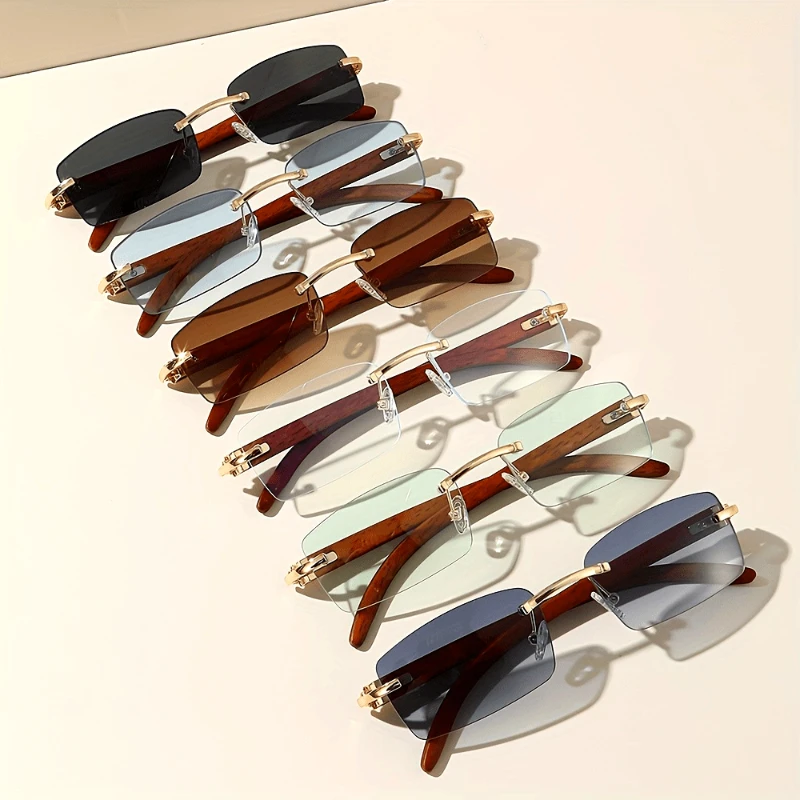 Hiking 6pcs Fashion Rimless Rectangle Anti Light Glasses Wood Grain Women Men Unisex Rimless Shades Sunshade UV Protection