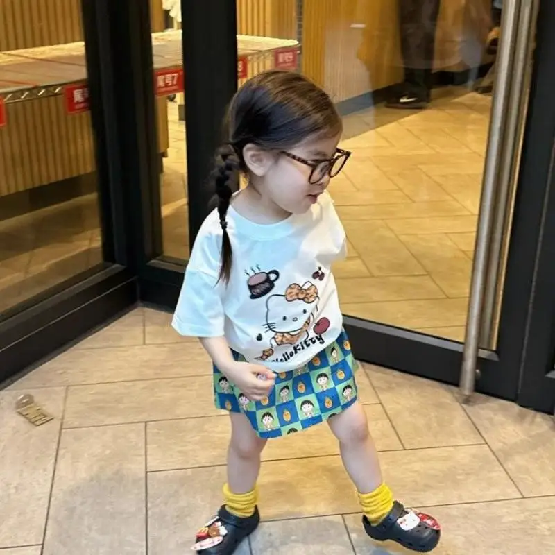 حار مرحبا كيتي الاطفال الكرتون تي شيرت سانريو فتاة القطن قصير الأكمام Kawaii موضة الترفيه لينة ملابس الصيف فضفاضة جديدة