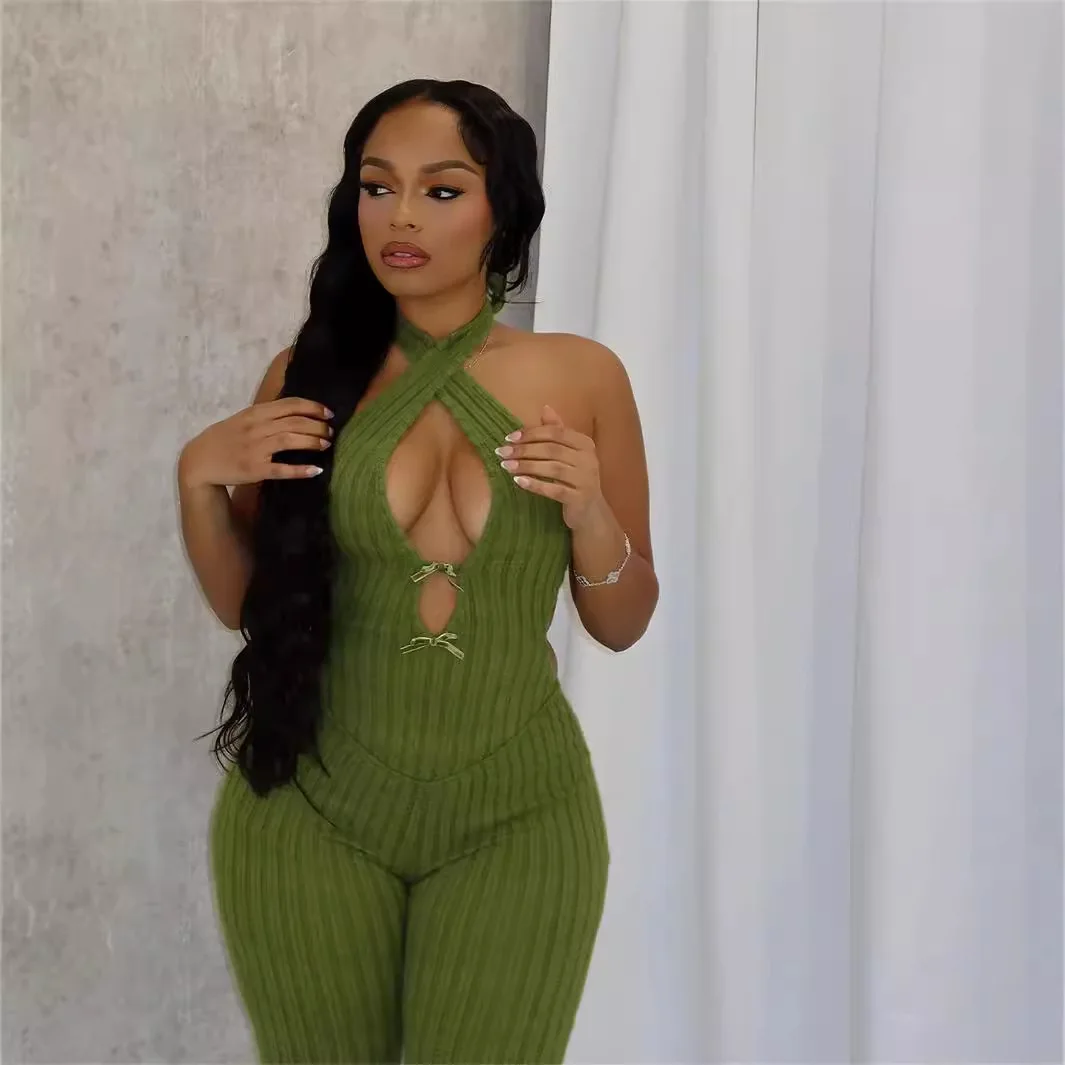 

Women Green Halter Backless Hollow Out Patchwork Rompers Female Streetwear Overalls 2025 New Spring Sexy Knit Bodycon Jumpsuit