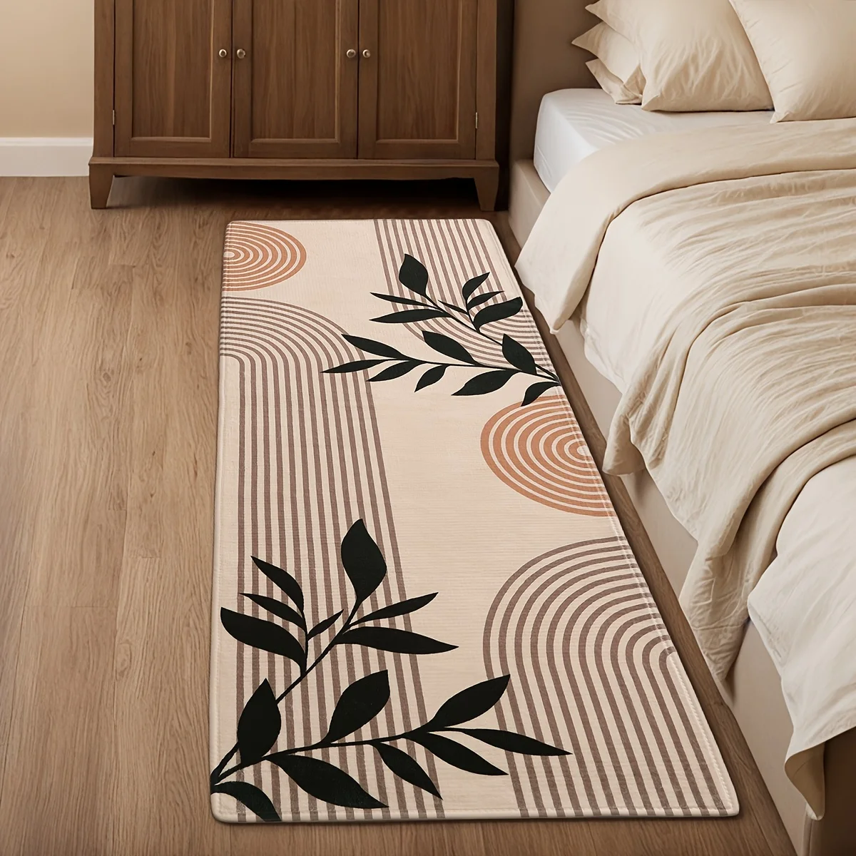 Mid Century Line Arch & Black Foliage Print Long Floor Runner  Minimalist Decor Rug for Bedroom Entryway and Corridor