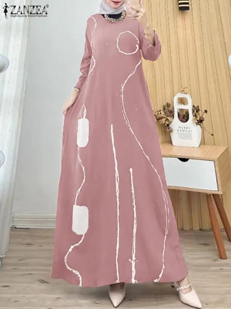 

ZANZEA Long Sleeve Loose A-line Vestidos Islamic Elegant O Neck Casual Long Robes Women Printing Muslim Fashion Abaya Maxi Dress