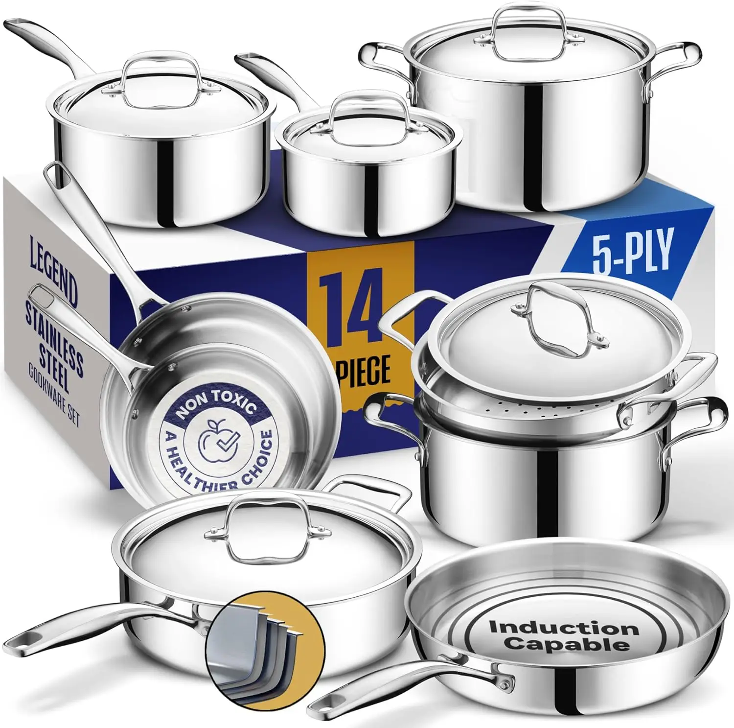 5 Ply Stainless Steel Pots and Pans Set  14-Piece, Induction, Non-Toxic, Oven Safe Best 18/0 Full Clad | Prof