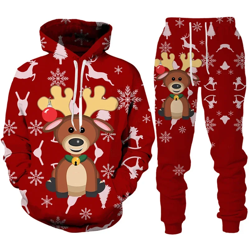 Christmas Party Couple Clothes Funny Santa Claus 3D Print Tracksuit Set Man Woman Hoodie+Pants 2pcs Fashion Oversized Casual Set