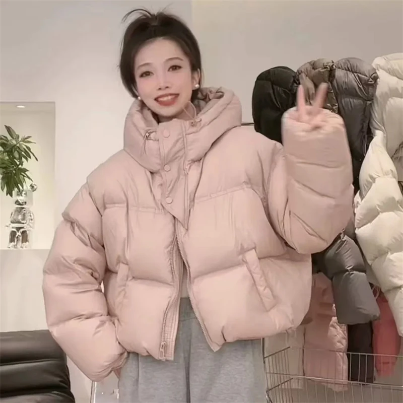 2024 New Korean Puffy Down Cotton Parkas Women Coat Female Hooded Outwear Thicken Cotton Padded Jacket Casual Winter Jacket