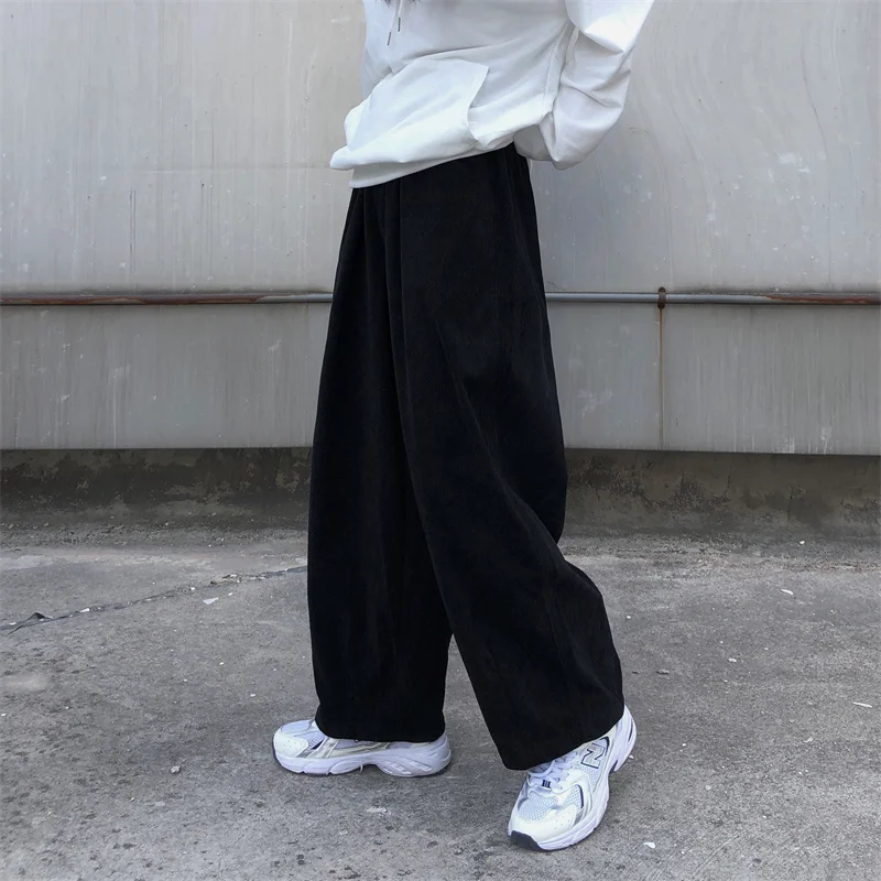 Men Corduroy Loose Pants Japanese Vintage Style Streetwear Male Spring Autumn Drawstring Waist Pants Handsome Straight Pants