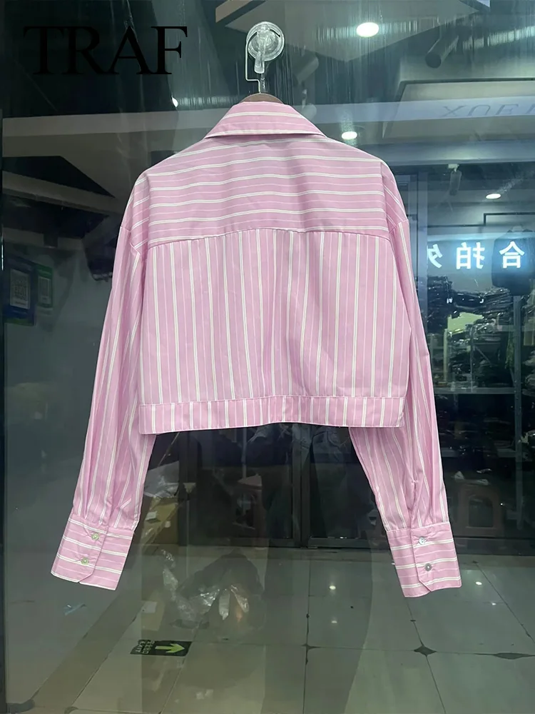 TRAF 2024 Woman Casual Loose Blouses Trendy Pink +Blue Striped Turn Down Collar Long Sleeve Shirts Cropped Tops Office Lady