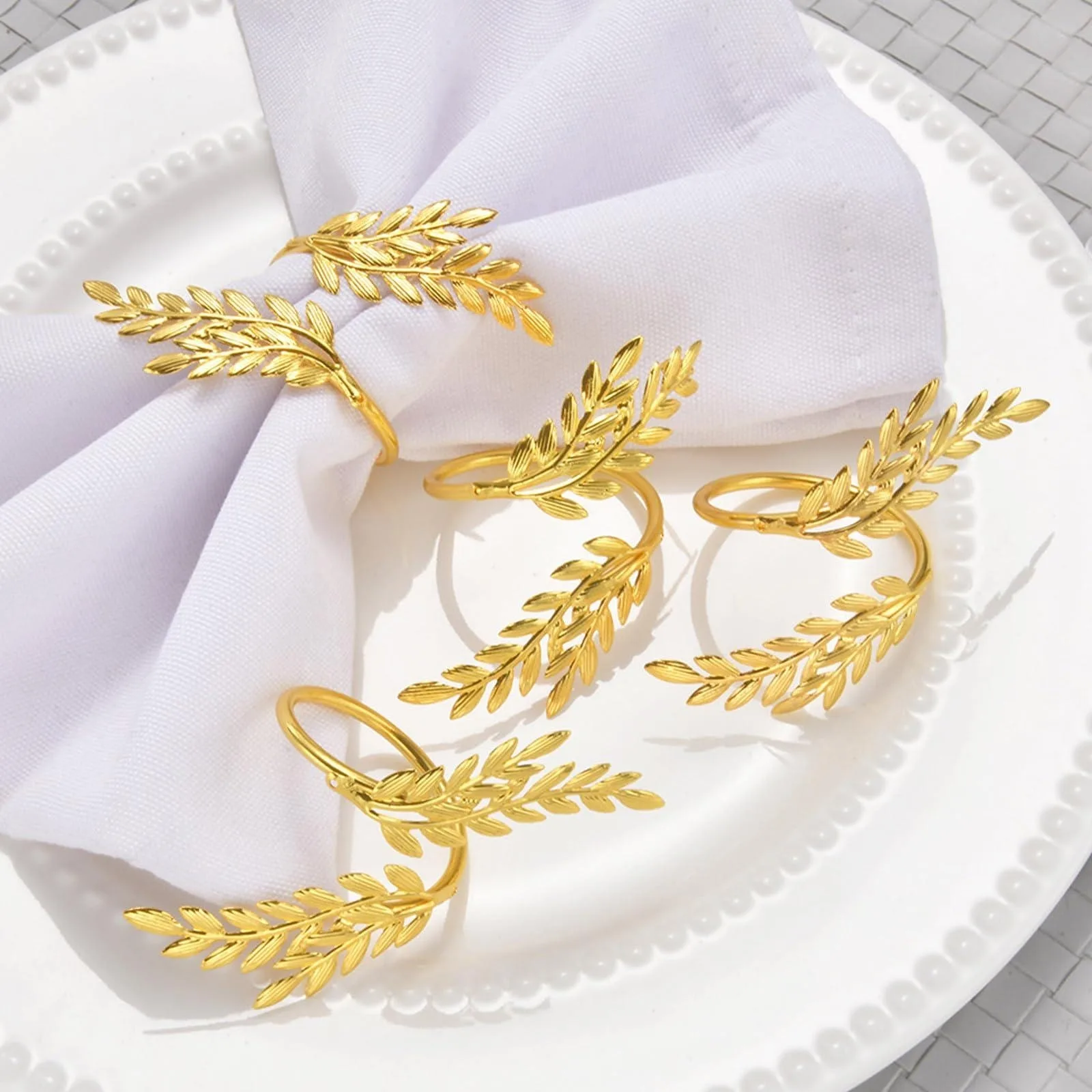 Set of 4 Golden Wheat Leaf Napkin Rings Metal Serviette Rings for Farmhouse Table Settings Parties Weddings