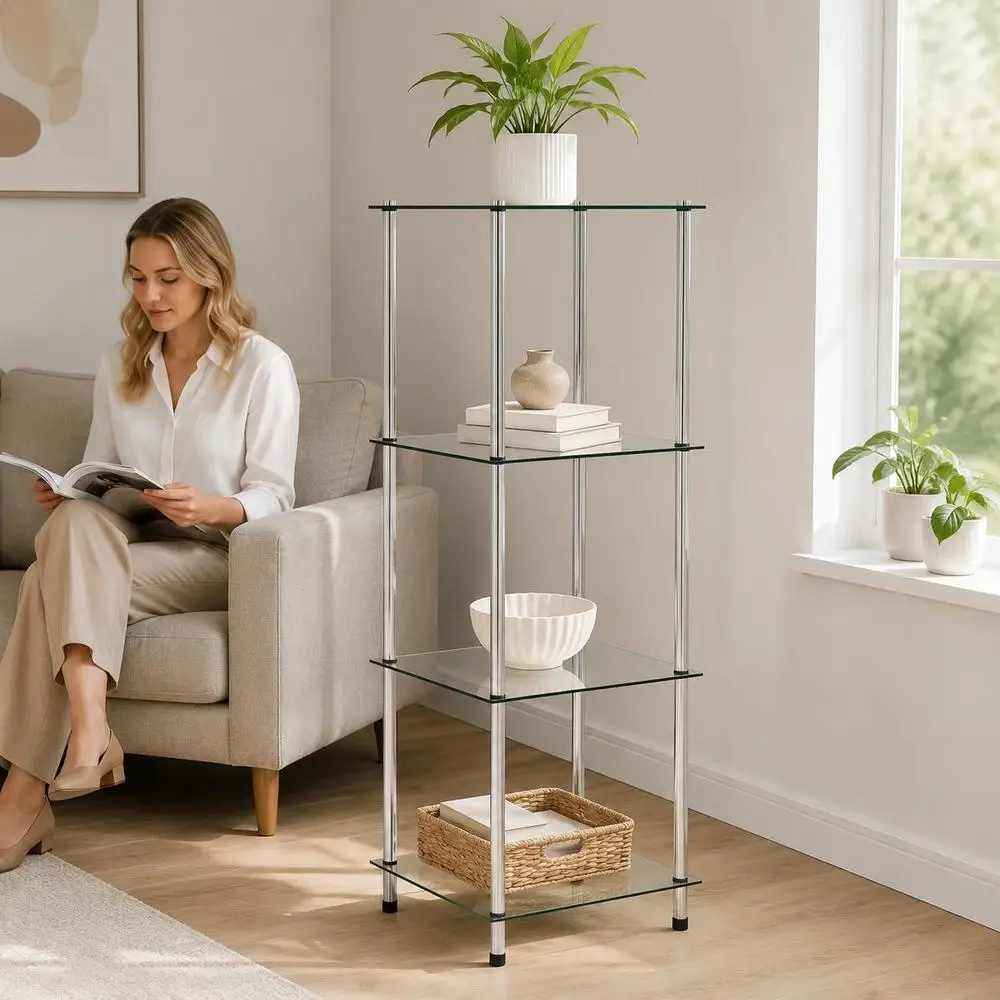 Étagère en verre trempé transparent, meuble de présentation à 4 niveaux au design moderne, facile à nettoyer, idéale pour le salon, la salle de bain ou le bureau, dimensions : 40 x 40 x 100 cm.