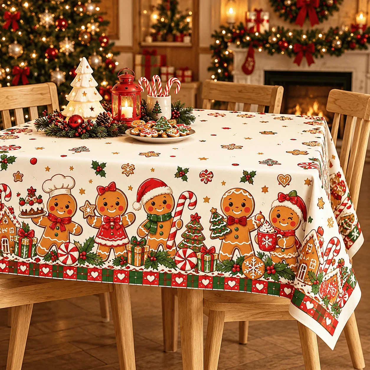 1square tablecloth, Christmas gingerbread man print tablecloth, cream white background with red and green Christmas color scheme