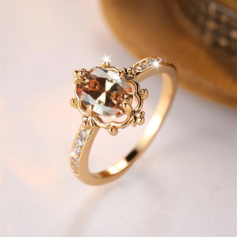 Luxury Crystal Oval Engagement Ring Champagne Zircon Egg Shape Stone Rings For Women Vintage Fashion Gold Color Wedding Jewelry