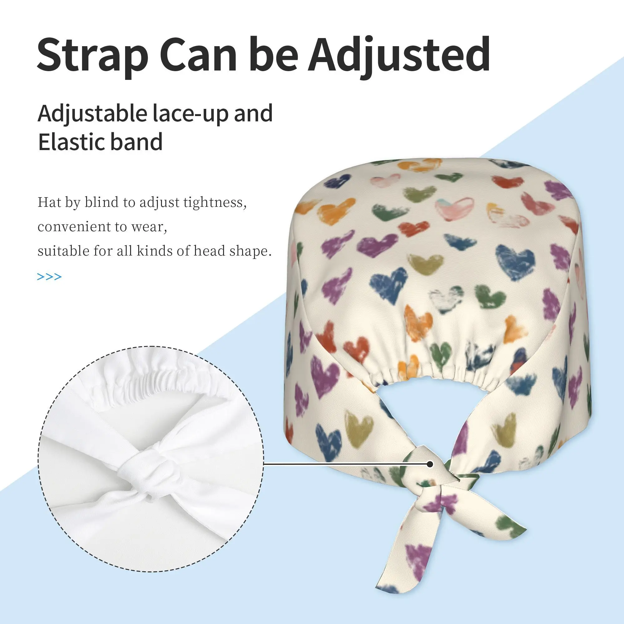 Colorful Heart Print Scrub Cap Soft Tie-Back Working Cap with Sweatband Cute Watercolor Heart Pattern Cap for Nurses Doctors