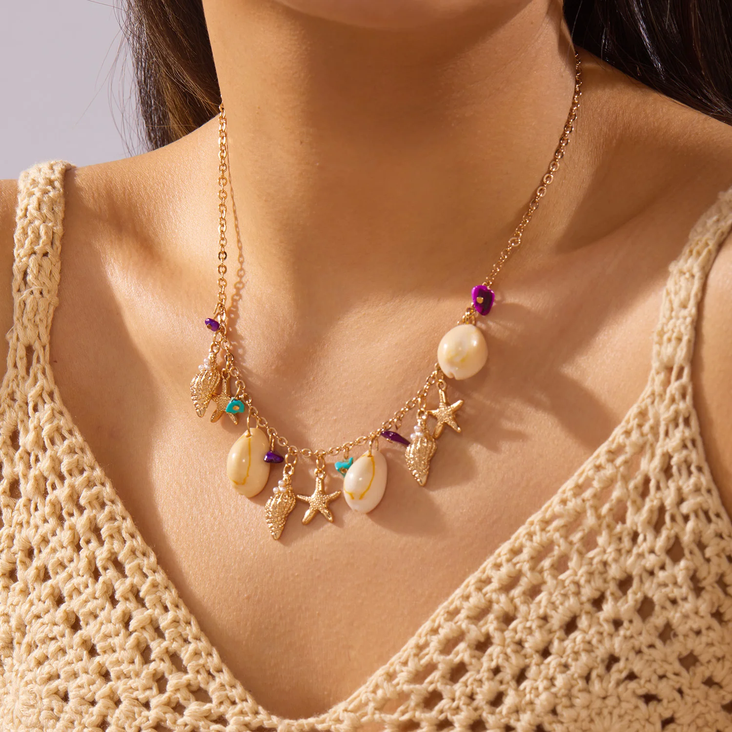 

Ocean Series Conch Starfish Shell Fragments Necklace for Women Bohemian Style Trendy Accessory Versatile Matching Jewelry