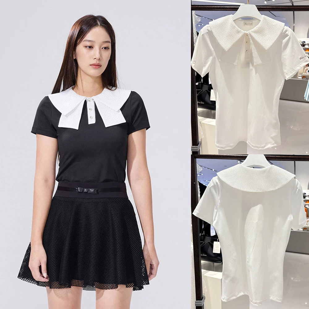 Women Golf Outfit Solid Color Logo Slim Polo Short Sleeve T-shirt Mesh Skirt 2 Piece Sports Suit