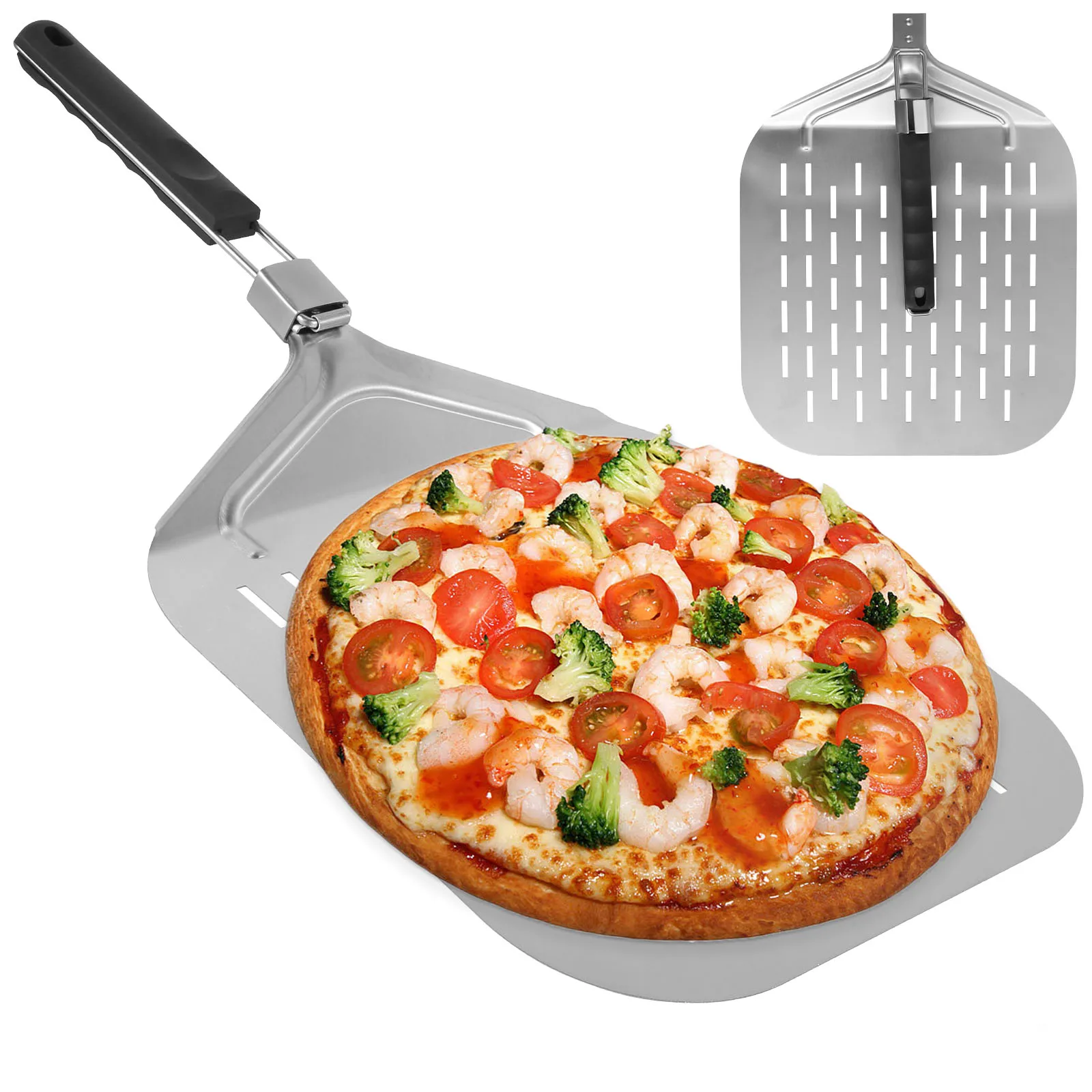 Perforierte Pizzaschale, Pizzaspatel aus Edelstahl mit klappbarem Griff, rostfreie Pizzaschale, Paddel, antihaftbeschichtete Pizzaschale