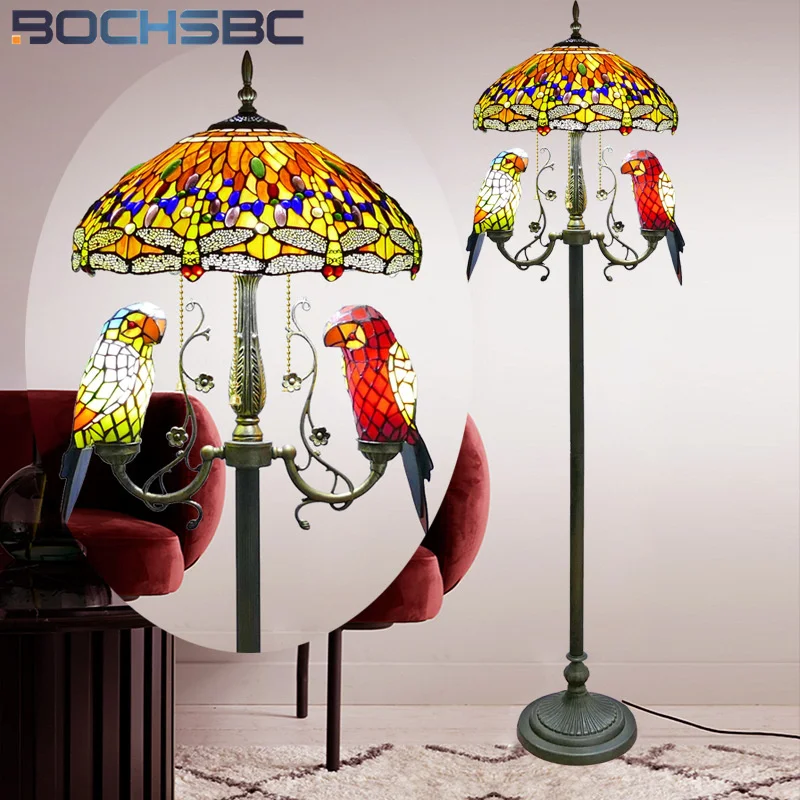 

BOCHSBC Tiffany style stained glass European dragonfly parrot retro floor lamp for living room study bedroom lamp cafe LED decor