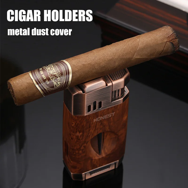 HONEST Double Blue Flame Cigar Lighters V-Shaped Sharp Cigar Cutter Design Visual Gas Window Cigar Tools