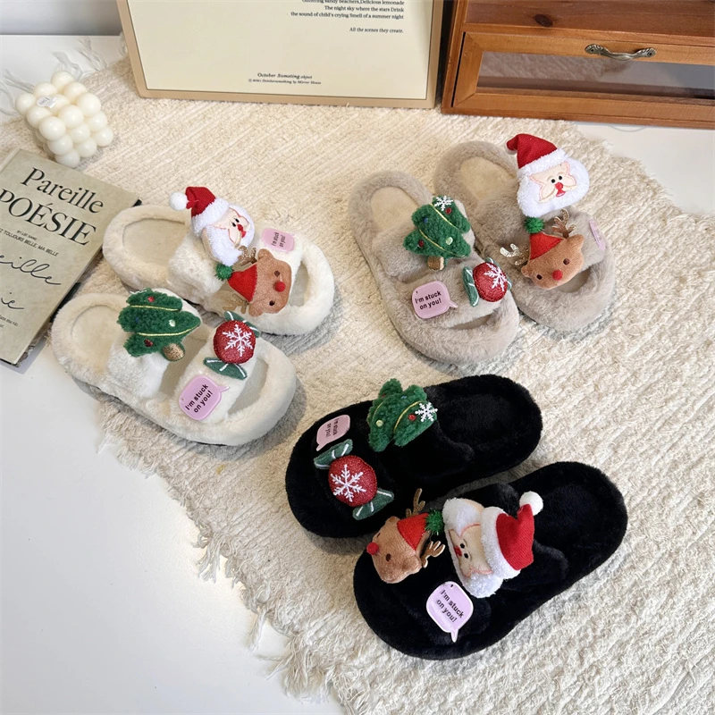 

2025 Santa Claus Children's Plush Slippers Winter Cute Girls Open toed Warm Flat Shoes Fashion Children's One line Dragging