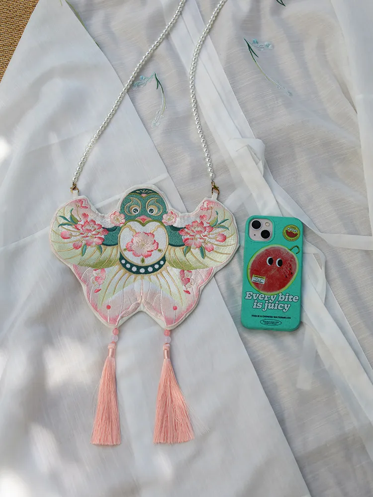 Stylish Reversible Two Tone Embroidered Swallow Kite Design Crossbody Bag Chinese Style Pearl Strap Pink Tassel Hanfu Accessory