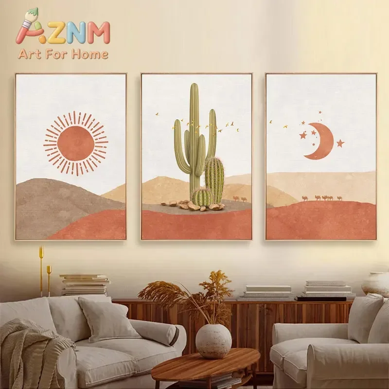 AZNM Boho Desert Cactus Sun Moon Canvas Wall Art Mountain Camel Abstract Poster, Unframed Canvas Print for Southwestern Home Dec