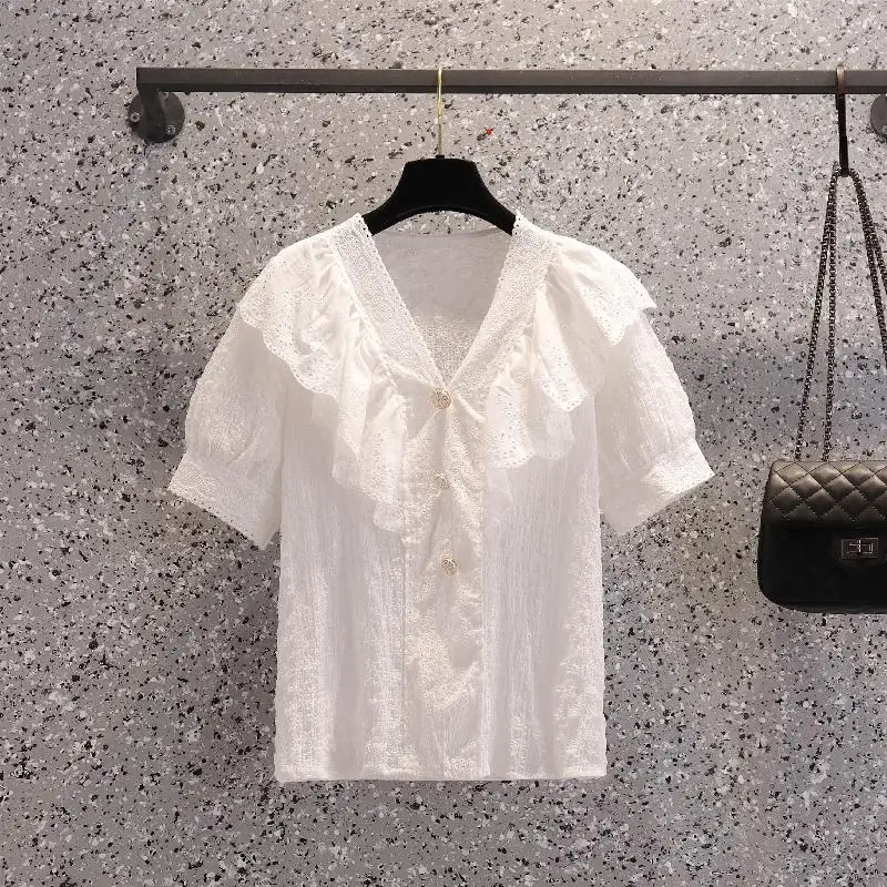 

2022 Summer vintage Hollow Out Lace Shirt White Blue Top Short Sleeve V Neck Women's Ladies Clothing Female French L -4XL